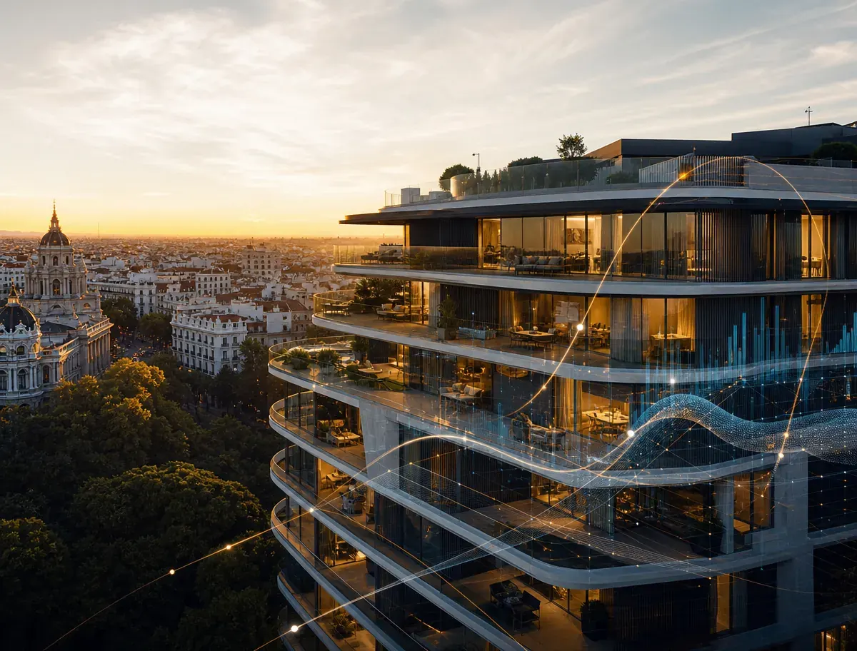 Visualización de inteligencia artificial sobre un edificio