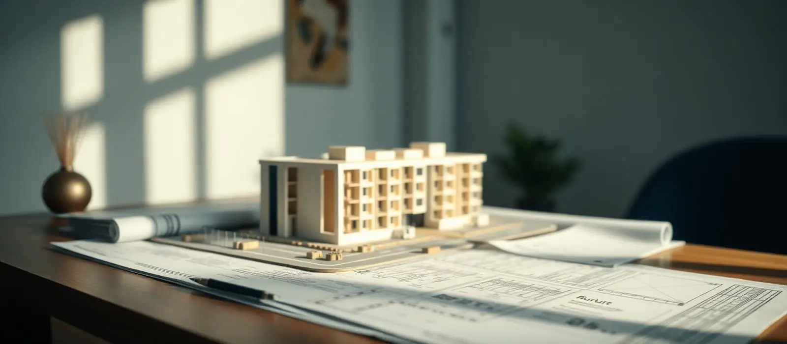 Maqueta de una promoción residencial junto a los planos del proyecto