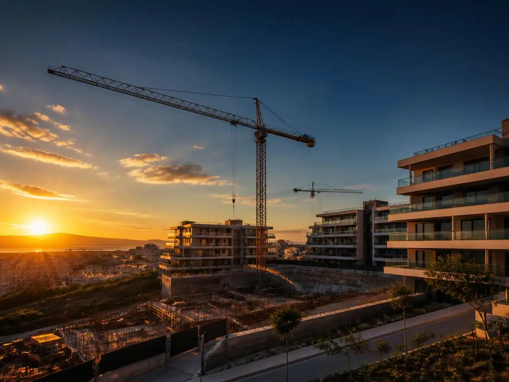 Promoción residencial en construcción con grúas al atardecer