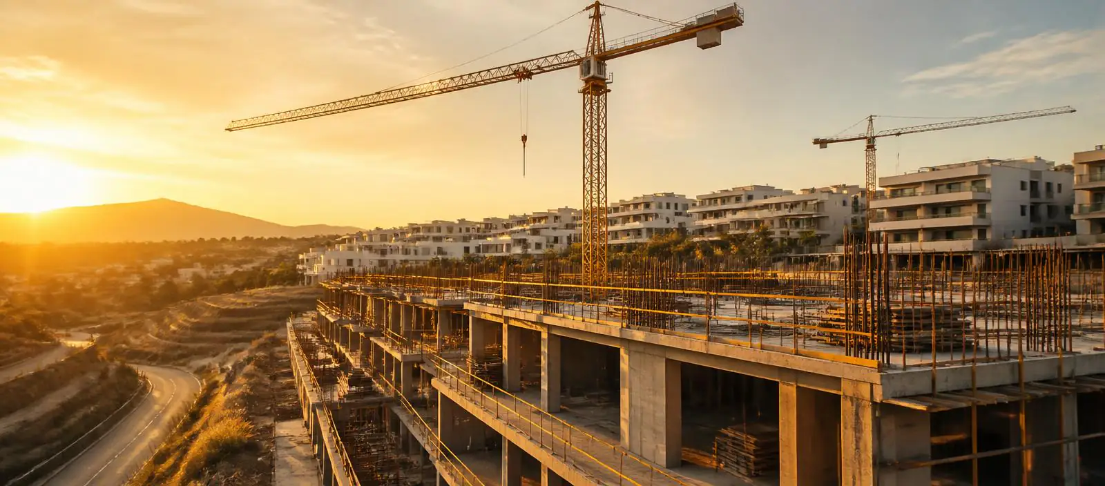 Promoción residencial en construcción con grúas al atardecer