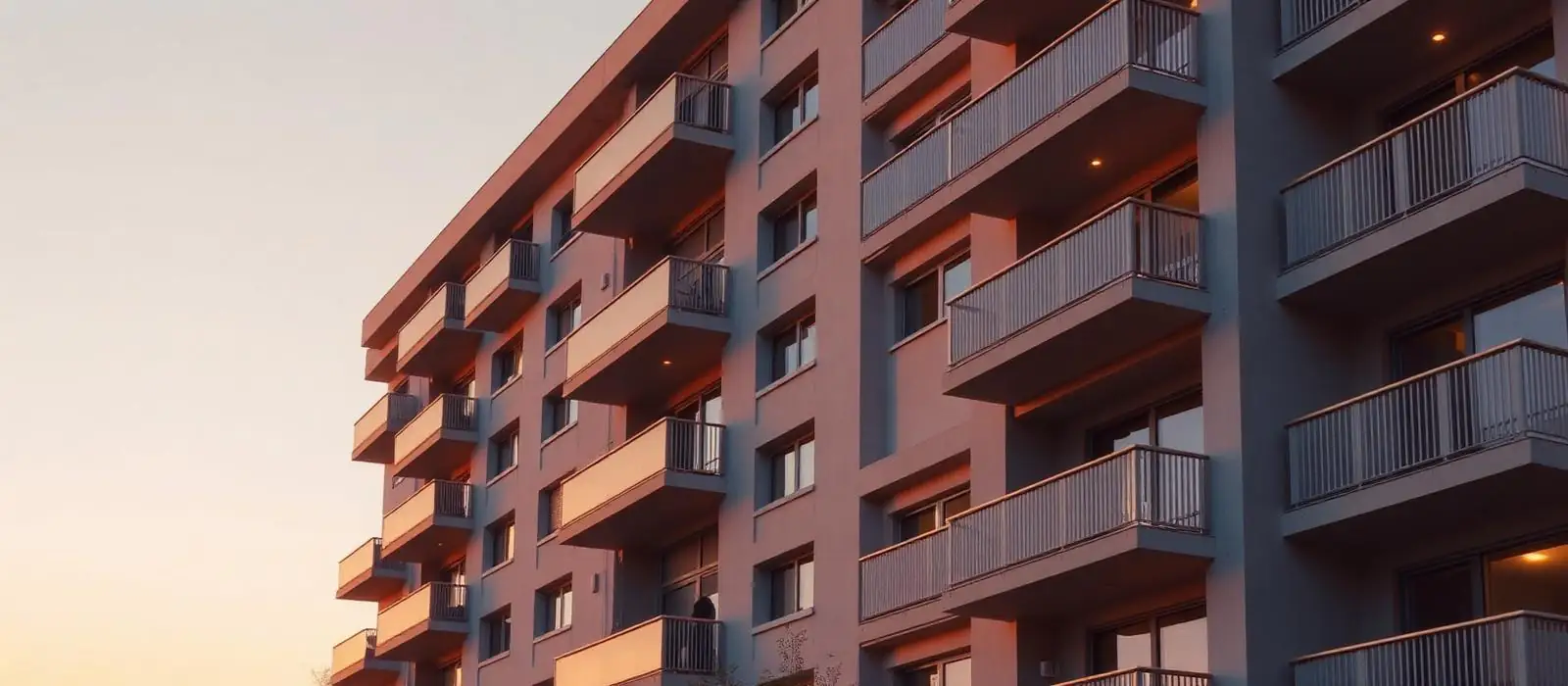 Fachada de una promoción residencial terminada al atardecer