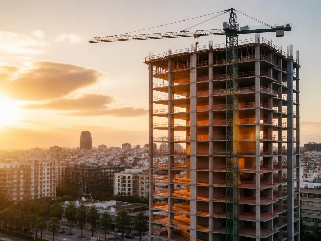 Edificio residencial en construcción con grúa torre al atardecer