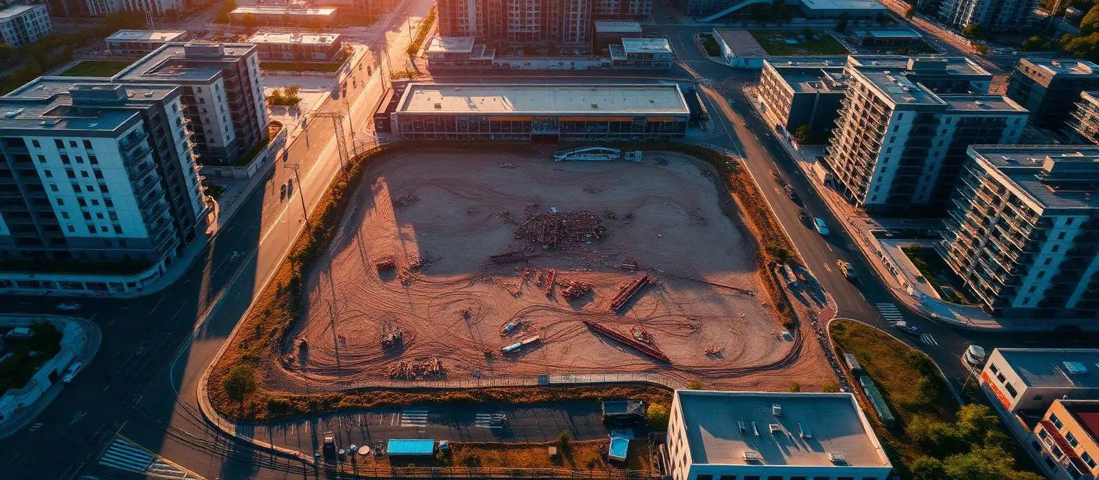 Vista aérea de un solar urbano listo para desarrollar