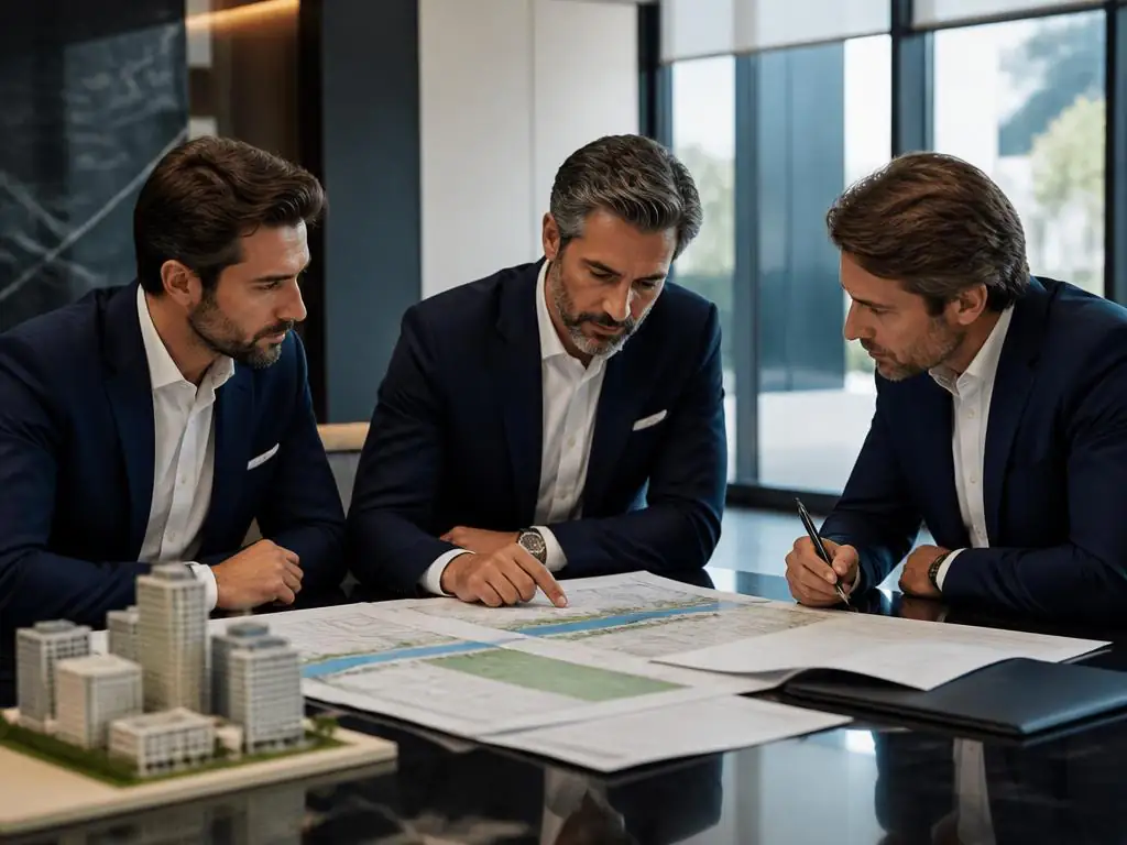 Reunión de promotores revisando planos y calendario de adquisición de suelo