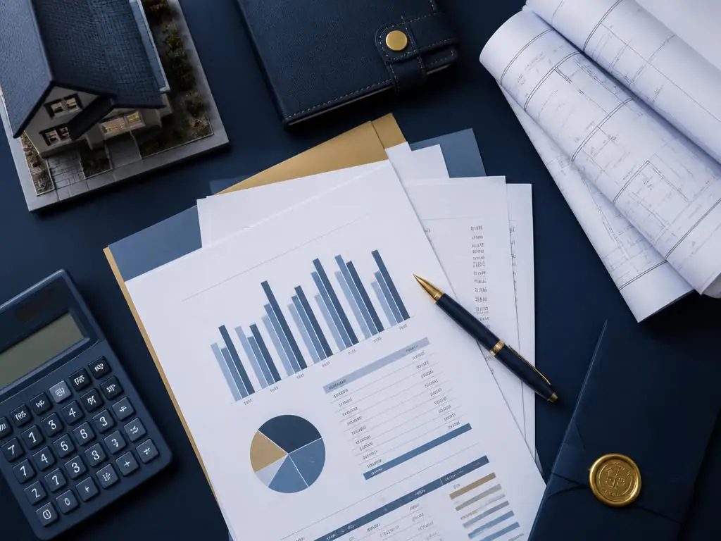 Documentos financieros y planos de una promoción inmobiliaria en revisión