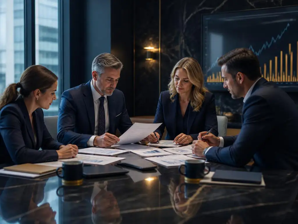 Equipo financiero revisando términos de refinanciación en una sala de reuniones