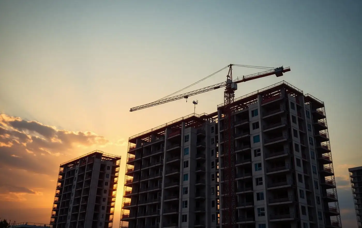 Grúa torre sobre un edificio residencial en construcción al atardecer