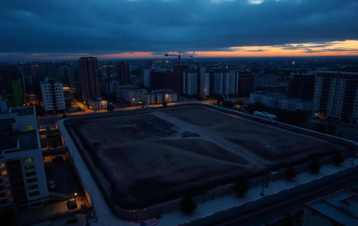 Vista aérea de un solar urbano preparado para edificar al anochecer